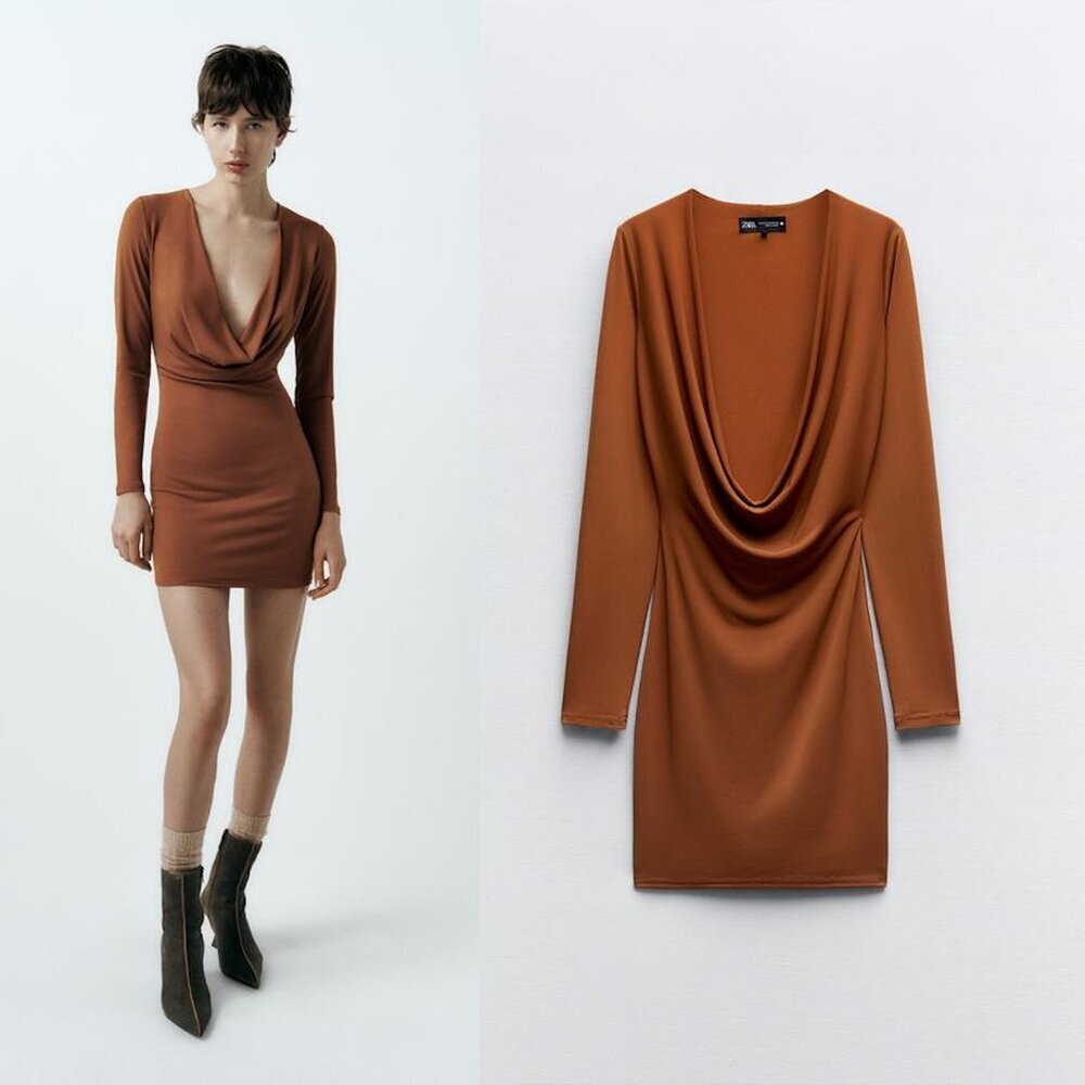 NWT New Zara Cowl Neck Brown Mini Dress Size M